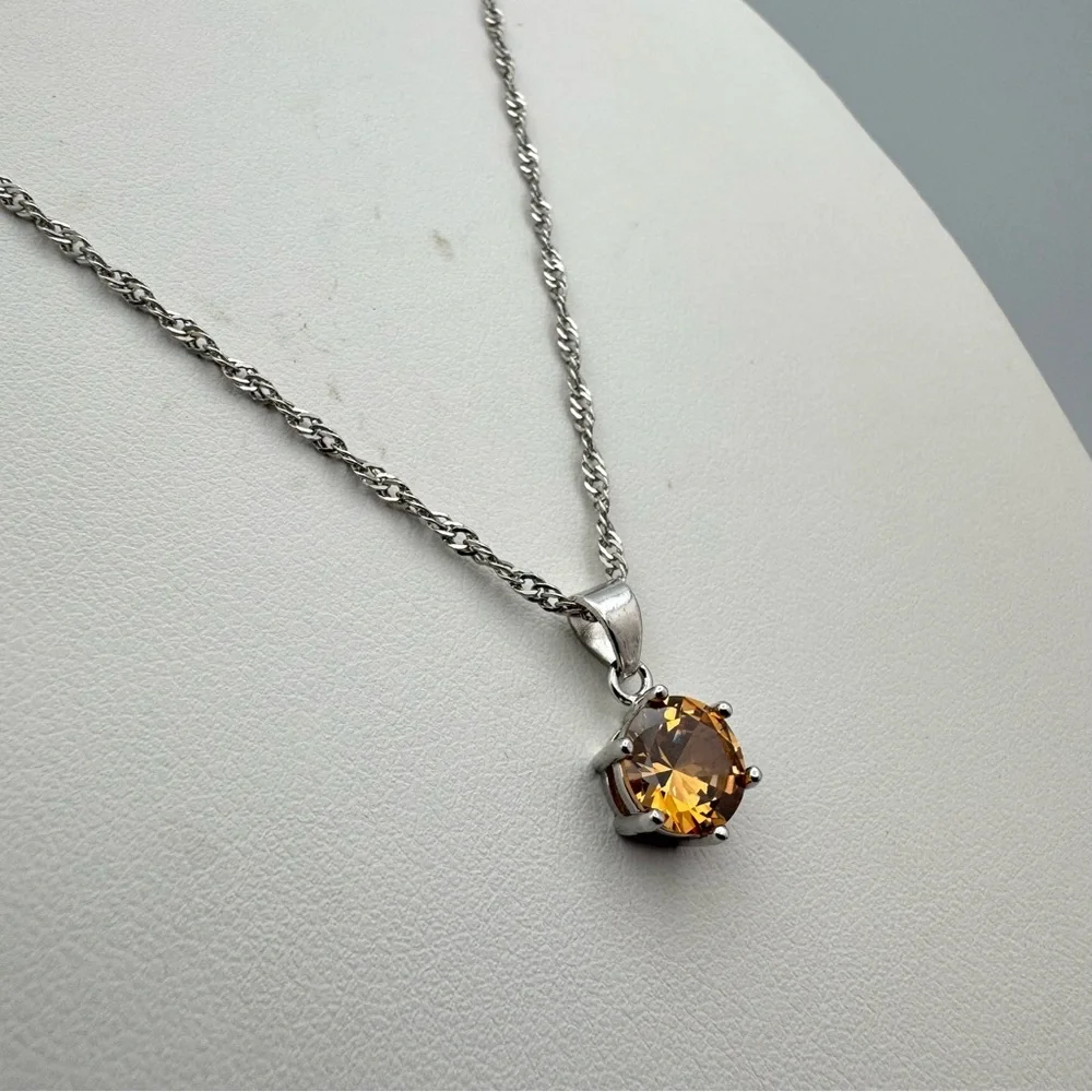 Beautiful Silver Round Champagne CZ Pendant Necklace 18”